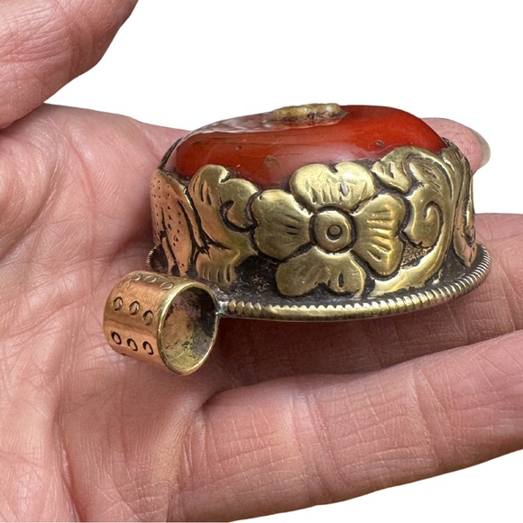 Vintage Dragon Pendant Red Stone Pendant Brass Statement Medallion - Picture 2 of 6